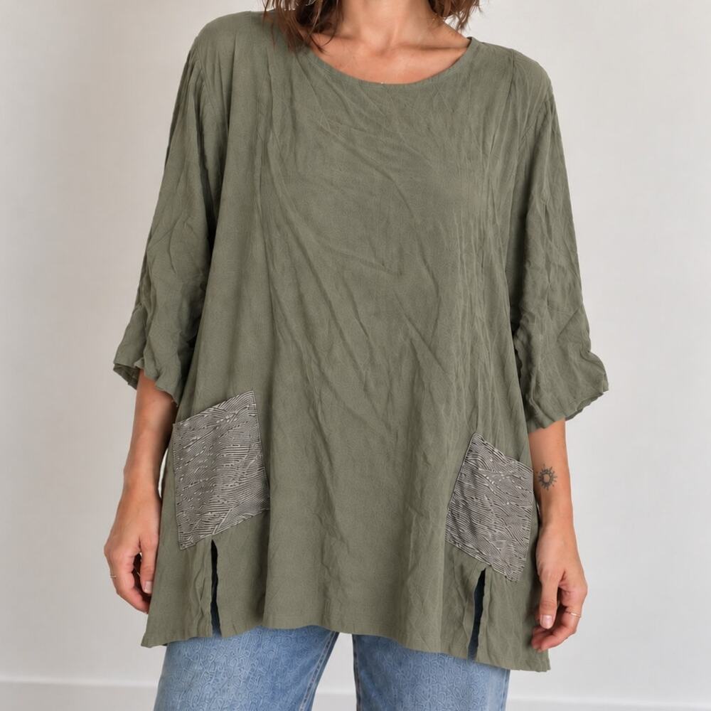 Yasuko Olive Sage Green Art to Wear Tunic Top M/L Rayon Kimono Silk Pockets USA